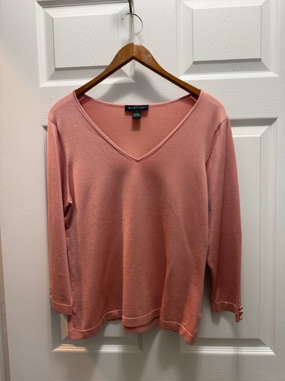 Harold's Rose-Pink V-Neck 3/4 length sleeve, silk blouse.